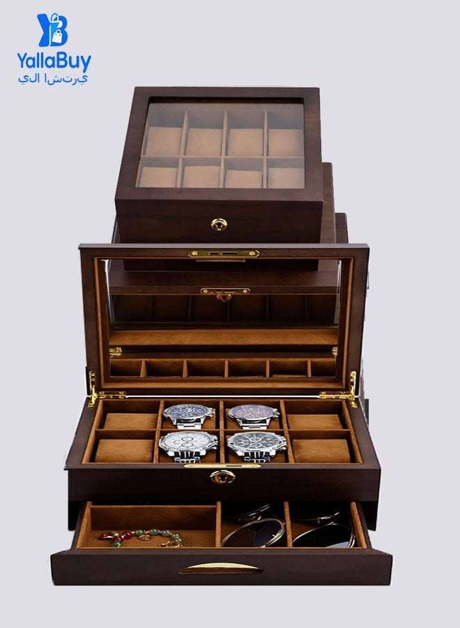 يلا اشتري 8-Slot Double-Layer Watch Box Organizer with Clear Acrylic Lid – Wood-Grain Watch Display Case with Removable Cushions for Men & Women, Luxury Storage Gift Box - Image 1