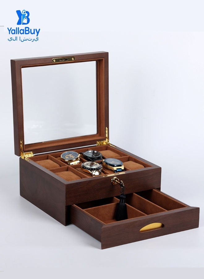 يلا اشتري 8-Slot Double-Layer Watch Box Organizer with Clear Acrylic Lid – Wood-Grain Watch Display Case with Removable Cushions for Men & Women, Luxury Storage Gift Box - Image 3