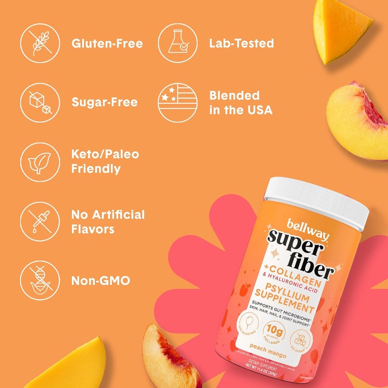 Bellway Super Fiber Powder  Collagen SugarFree Psyllium Husk Powder with Collagen Peptides and Hyaluronic Acid for Digestive Health Healthy Skin Nails Bones  Joints Peach Mango 20 Servings - Image 5