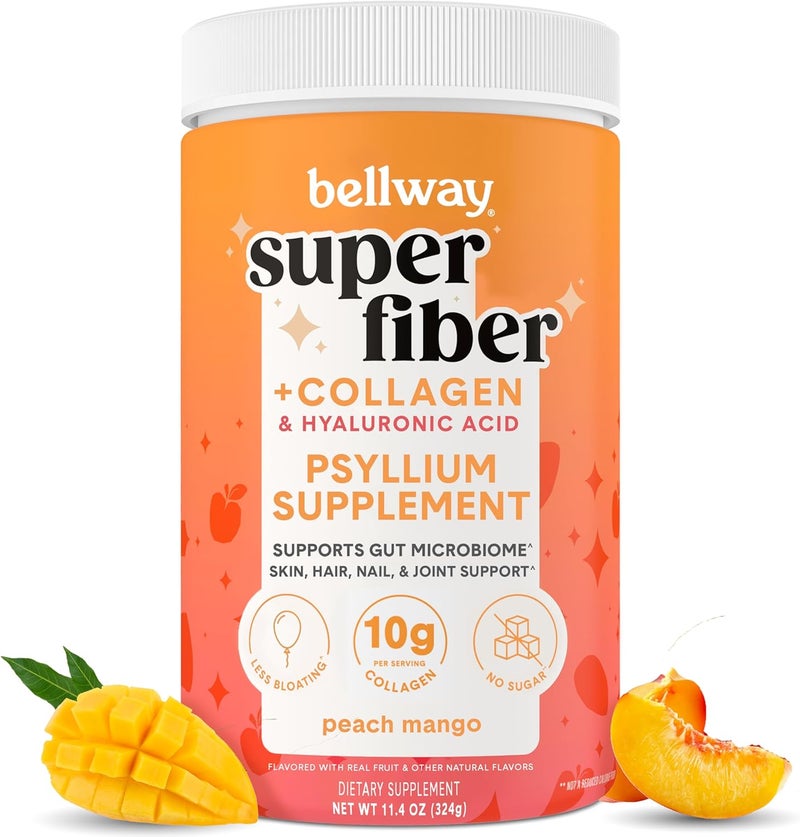 Bellway Super Fiber Powder  Collagen SugarFree Psyllium Husk Powder with Collagen Peptides and Hyaluronic Acid for Digestive Health Healthy Skin Nails Bones  Joints Peach Mango 20 Servings - Image 1