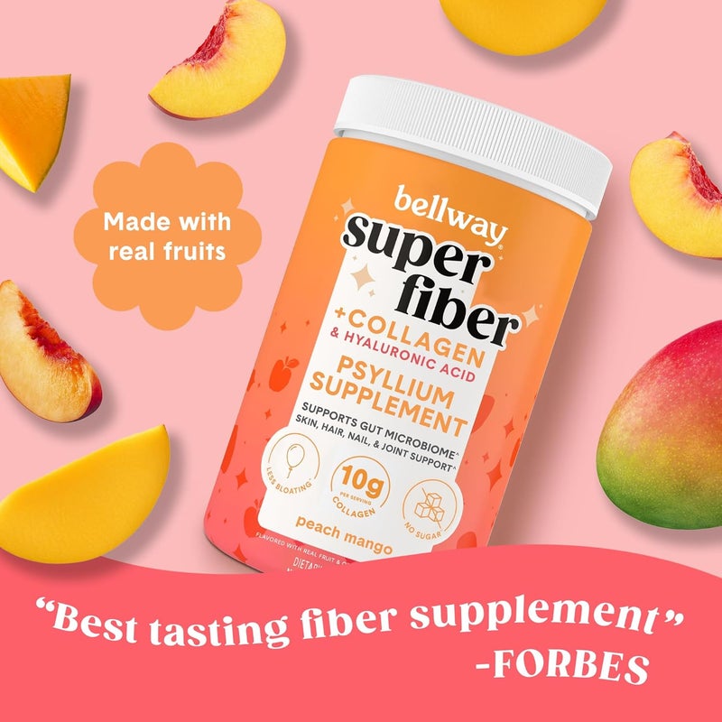 Bellway Super Fiber Powder  Collagen SugarFree Psyllium Husk Powder with Collagen Peptides and Hyaluronic Acid for Digestive Health Healthy Skin Nails Bones  Joints Peach Mango 20 Servings - Image 2