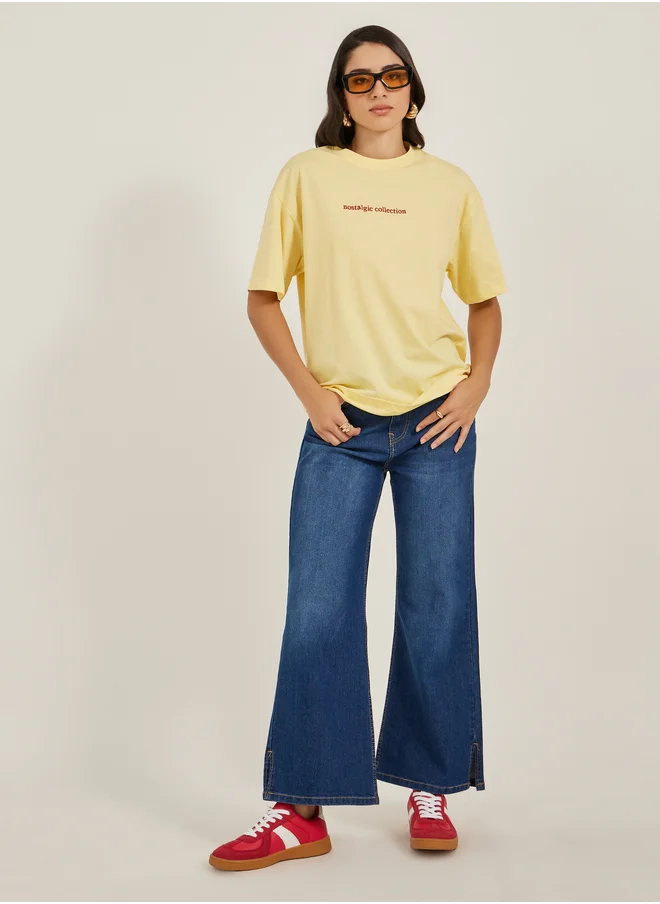 ستايلي Embroidered Slogan Round Neck Oversized T-Shirt