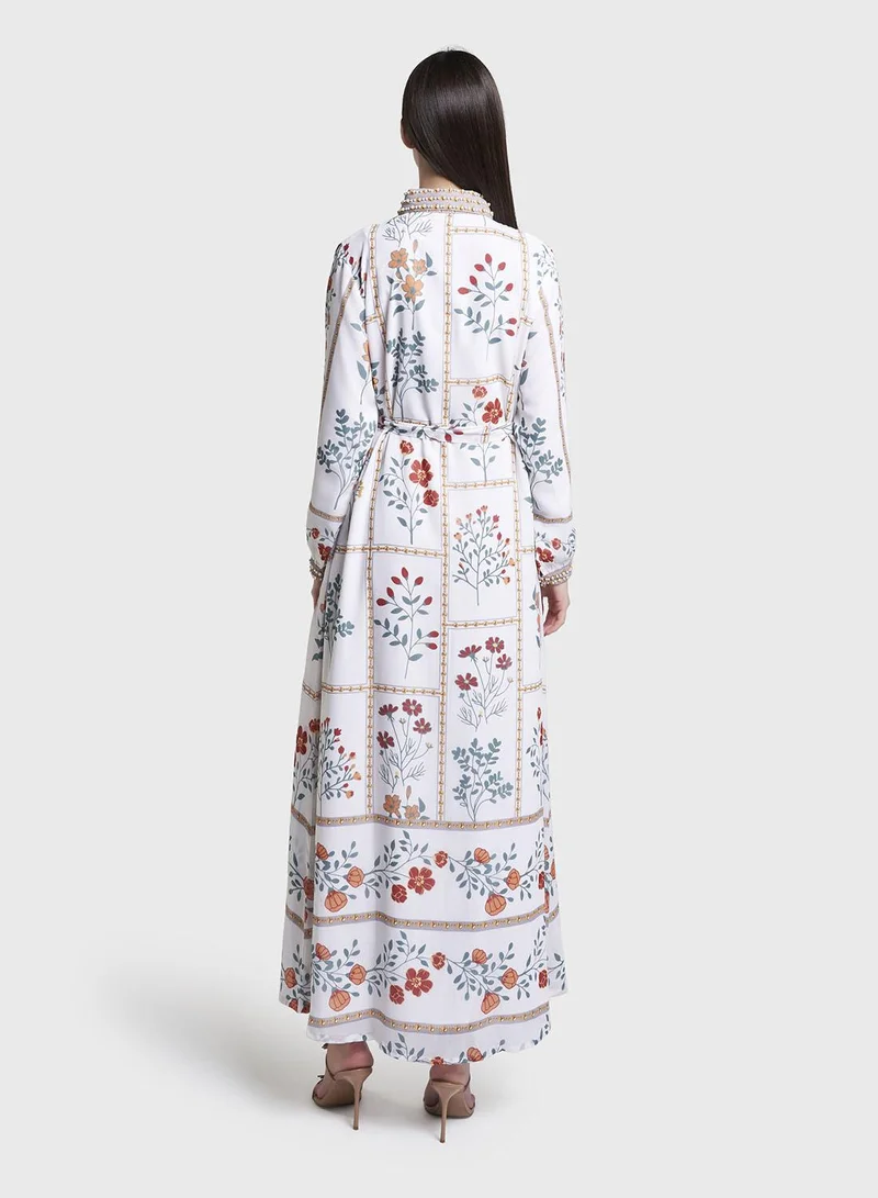 Kashkha  Cream Floral Print Hand Work Georgette Long Shirt Dress (VW363) for Women | Best Price UAE