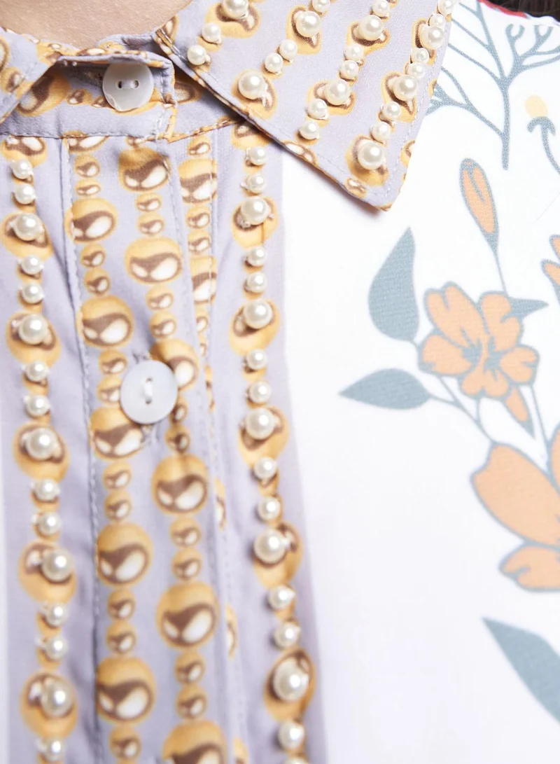 Kashkha  Cream Floral Print Hand Work Georgette Long Shirt Dress (VW363) for Women | Best Price UAE