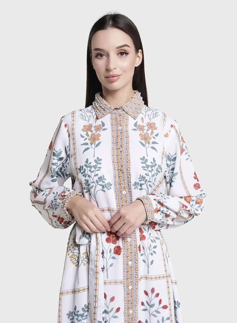 Kashkha Cream Floral Print Hand Work Georgette Long Shirt Dress (VW363)