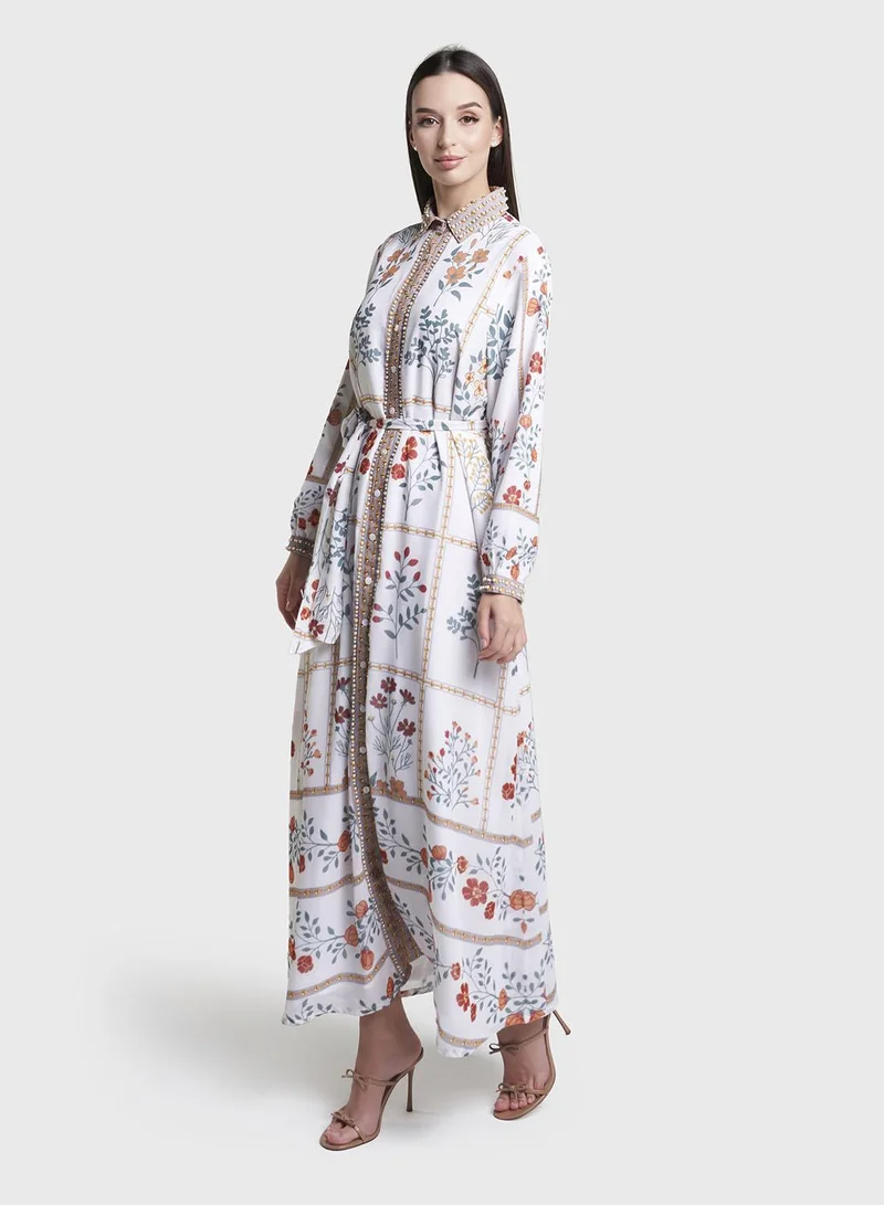 Kashkha  Cream Floral Print Hand Work Georgette Long Shirt Dress (VW363) for Women | Best Price UAE