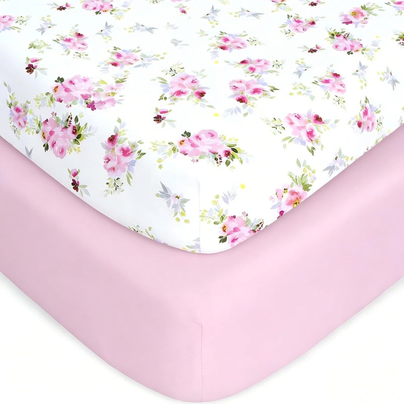 KASTWAVE Baby Crib Sheets, 2-Pack Fitted Floral Crib Sheets for Standard Cribs and Toddler Mattresses - Image 1