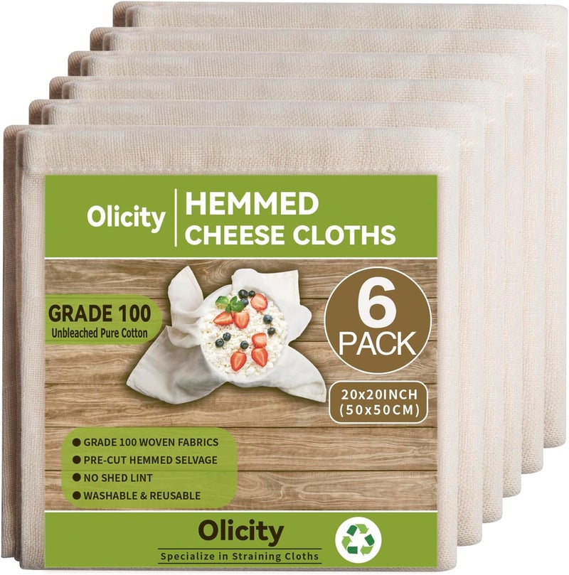 Olicity Cheese Cloths, 6PCS, Grade 100,20x20Inch Hemmed Cheese Cloth Fabric Reusable Fine Mesh Cloth, 100% Cotton Unbleached Precut Muslin Cheesecloth for Straining, Cooking, Yogurt, Juicing - Image 1
