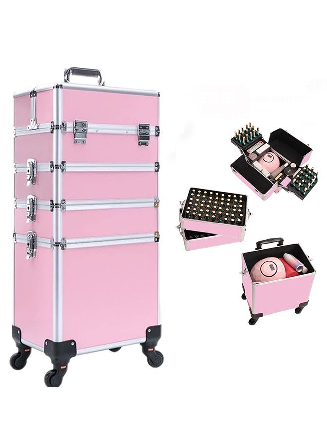CityRiya-Long Makeup Train Case Rolling Cosmetic Trolley Makeup Organizer Bag Professional Travel Cosmetic Storage Organizer Box Traveling Makeup Train Case Nail Polish Organizer Storage Bag Pink - Image 1