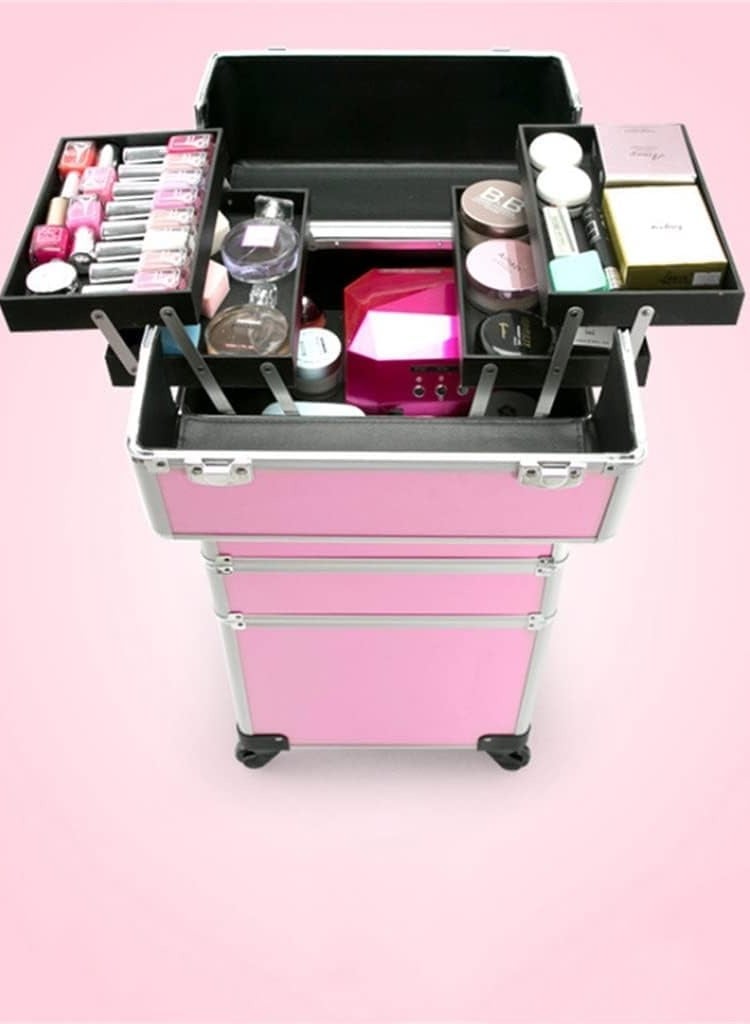 CityRiya-Long Makeup Train Case Rolling Cosmetic Trolley Makeup Organizer Bag Professional Travel Cosmetic Storage Organizer Box Traveling Makeup Train Case Nail Polish Organizer Storage Bag Pink - Image 2