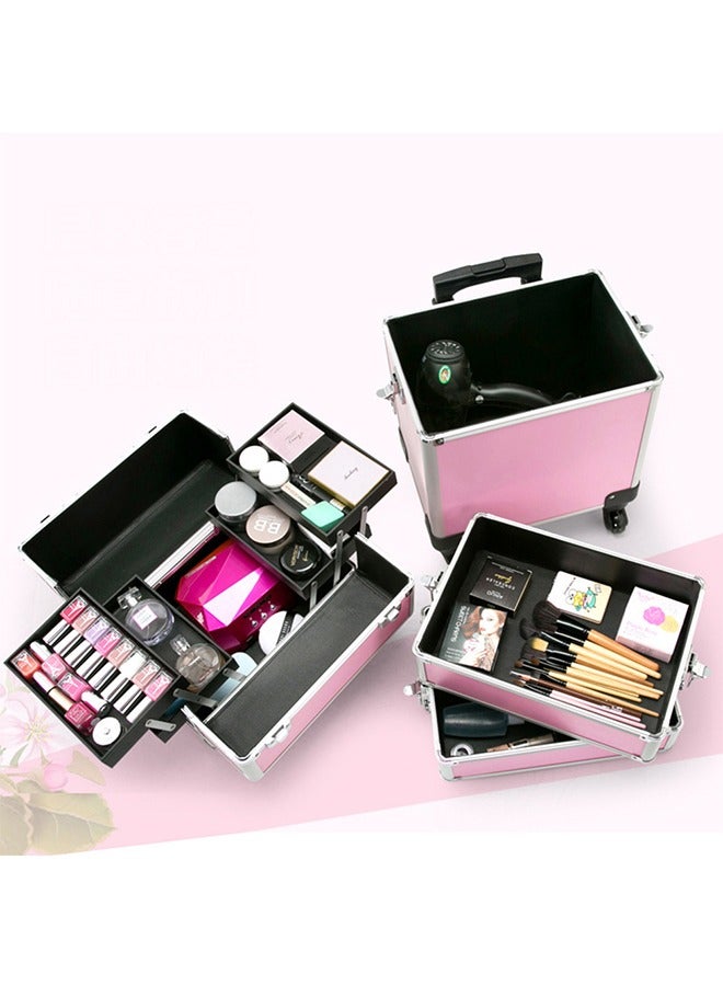CityRiya-Long Makeup Train Case Rolling Cosmetic Trolley Makeup Organizer Bag Professional Travel Cosmetic Storage Organizer Box Traveling Makeup Train Case Nail Polish Organizer Storage Bag Pink - Image 3