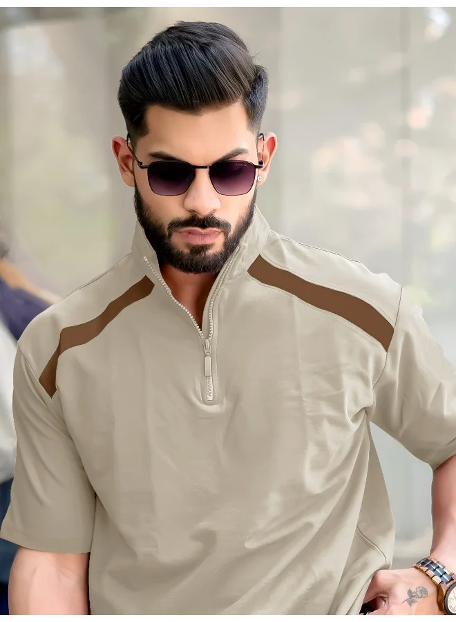 Maniac  Maniac Mens solid henley neck 3/4th sleeve biscuit and brown half zipper cotton t-shirt for Men | Best Price UAE