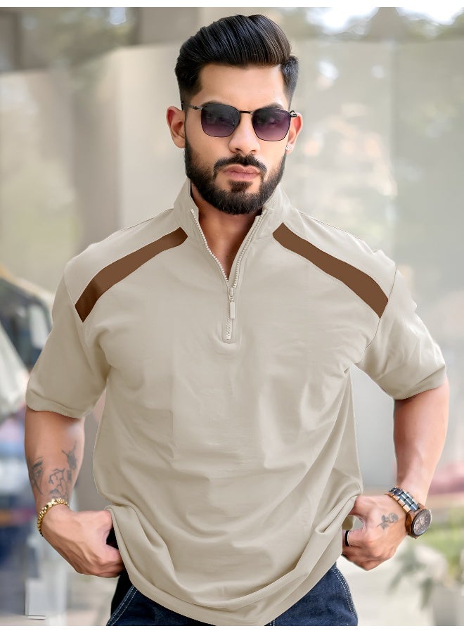 Maniac Mens solid henley neck 3/4th sleeve biscuit and brown half zipper cotton t-shirt - Image 1