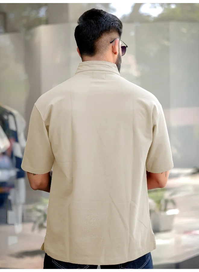 مانياك تيشيرت قطن رجالي مانياك بياقة هينلي وأكمام 3/4 سحاب 3/4 لون بيج وبني