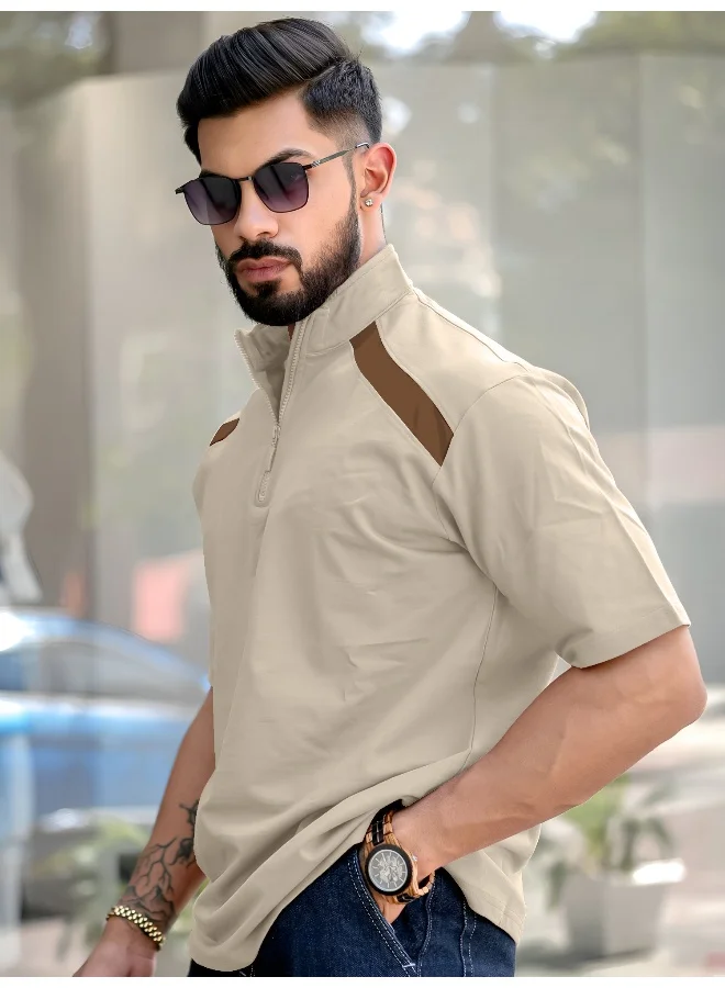 Maniac  Maniac Mens solid henley neck 3/4th sleeve biscuit and brown half zipper cotton t-shirt for Men | Best Price UAE