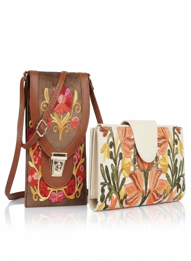 EVEDA Women's Floral Embroidered Crossbody Bag, Brown Faux Leather, Decorative Wallet Set with Gold Buckle Clasp (Beige) - Image 1