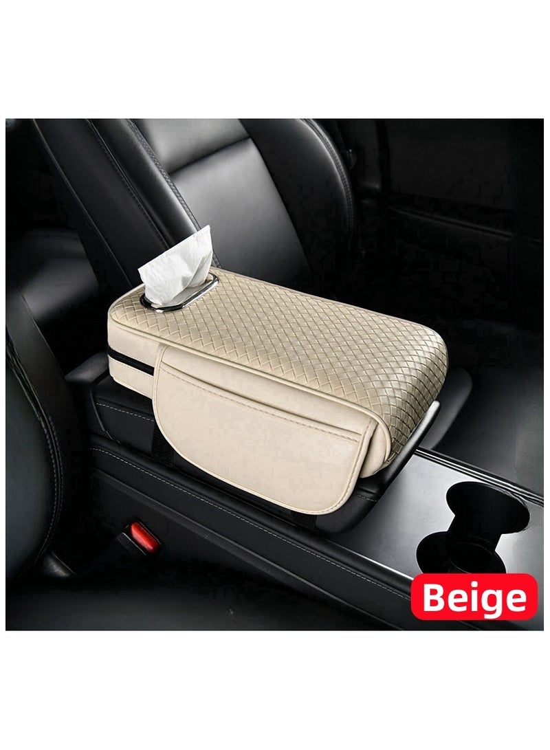 Soofam غطاء مرتفع لمركز التحكم في السيارة متعدد الاستخدامات، وسادات تعزيز ذراع السيارة الجلدية، غطاء واقي لذراع السيارة الجلدية، صندوق ذراع، مناسب لمعظم المركبات، SUVs، شاحنات، سيارات (بيج) - Image 1