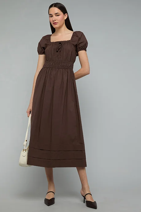 أر أند بي Solid Midi Dress with Square Neck and Puff Sleeves