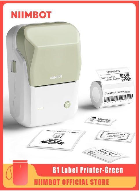 B1 Label Maker with Auto Identification, Thermal Label Printer with 1 Roll 50mm*30mm White Tape, Portable Bluetooth Label Maker with  20-50mm Print Width, USB Rechargeable, Easy to Use for Office, Home, Business, Green