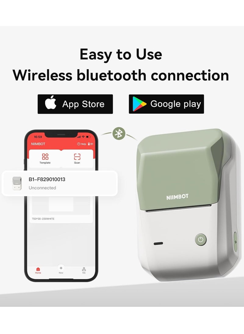NIIMBOT - B1 Label Maker with Auto Identification, Thermal Label Printer with 1 Roll 50mm*30mm White Tape, Portable Bluetooth Label Maker with  20-50mm Print Width, USB Rechargeable, Easy to Use for Office, Home, Business, Green - Image 1