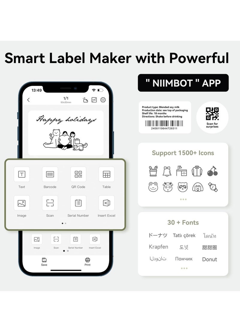 NIIMBOT - B1 Label Maker with Auto Identification, Thermal Label Printer with 1 Roll 50mm*30mm White Tape, Portable Bluetooth Label Maker with  20-50mm Print Width, USB Rechargeable, Easy to Use for Office, Home, Business, Green - Image 1
