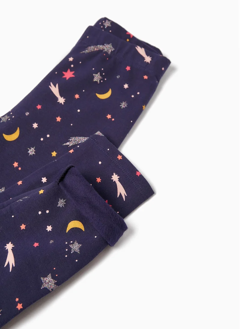 زيبي Cotton Brushed Leggings with Print for Girls 'Stars', Dark Blue