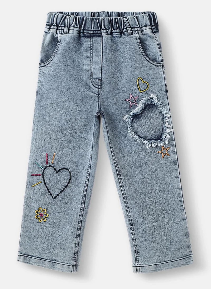 Nautinati Girls’ Patch Embroidery Jeans | Denim Pants for Girls | 4 to 8 Years