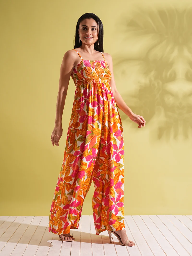 globus Women Square Neck Adjustable Strappy Shoulder Smocked Floral Print Wide Leg Jumpsuit