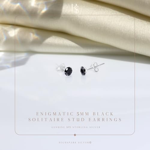 HIGHSPARK 925 Silver Solitaire Black Stud Earrings | 92.5 Sterling Silver & Round Brilliant Cubic Zirconia Tops for Men Women Boys & Girls | Black 5mm - Image 3