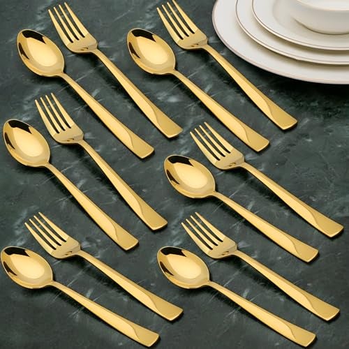 Parage 12 Pieces Stainless Steel Golden Spoon & Fork Set, 16 cm Each, Premium Cutlery Set for Home & Kitchen, PVD Gold Flatware, Elegant Dining (6 Dinner Spoons & 6 Dinner Forks)… - Image 1