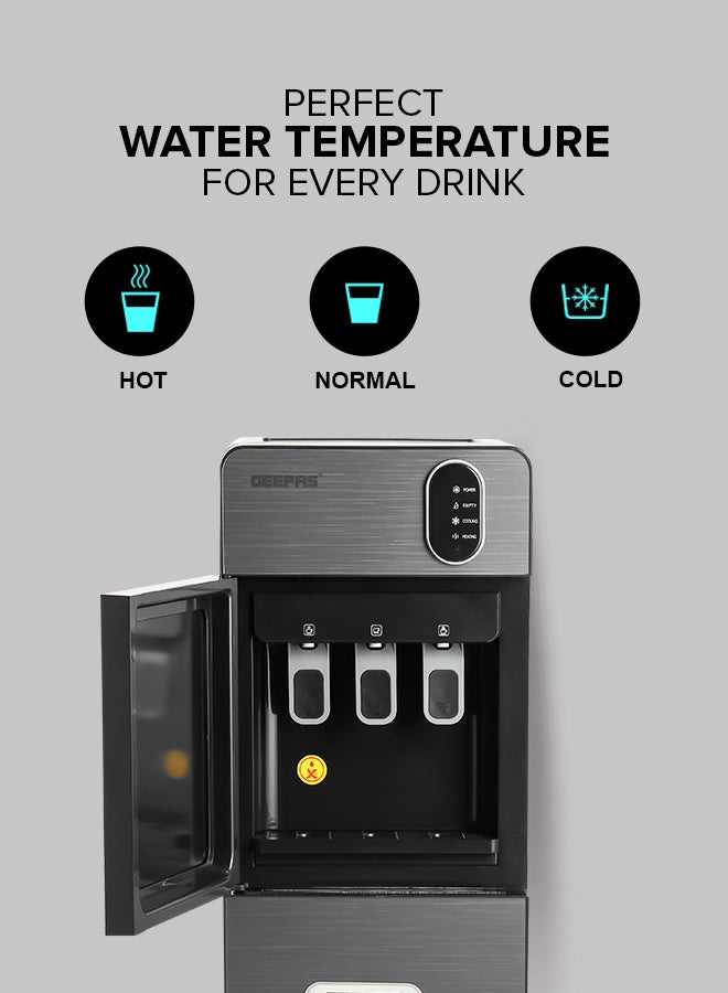 GEEPAS Bottom Loading Water Dispenser| Normal, Hot and Cold Function, Compressor Cooling, And 3 Taps| Cold Temperature: 4-12 Degrees Celsius; Hot Temperature: 85-95 Degrees Celsius| Perfect For Home And Office| Metallic grey, 2 Year Warranty GWD17037 Grey & Black - Image 2