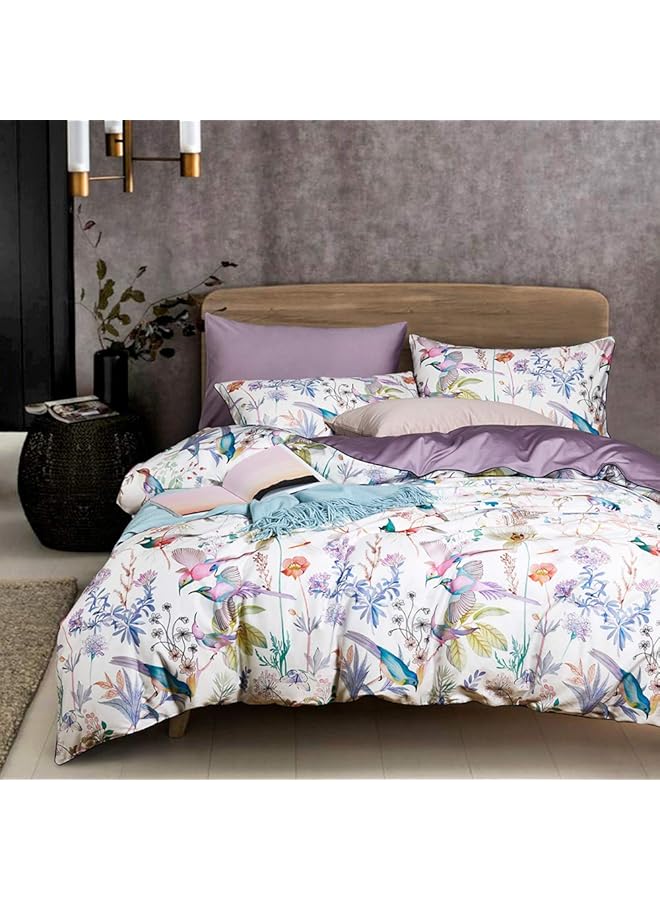 erorex Purple Floral Birds Duvet Cover Set Botanical Flower Plants Pattern Bedding Set In Lilac With Zipper Closure No Comforter 3Pcs Queen Size - Image 1