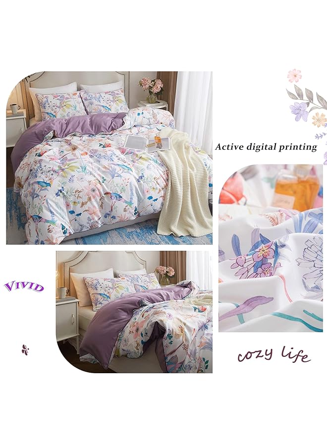 erorex Purple Floral Birds Duvet Cover Set Botanical Flower Plants Pattern Bedding Set In Lilac With Zipper Closure No Comforter 3Pcs Queen Size - Image 4