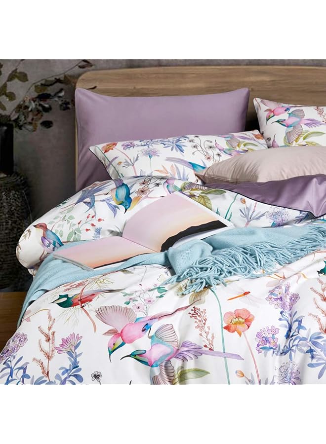 erorex Purple Floral Birds Duvet Cover Set Botanical Flower Plants Pattern Bedding Set In Lilac With Zipper Closure No Comforter 3Pcs Queen Size - Image 2