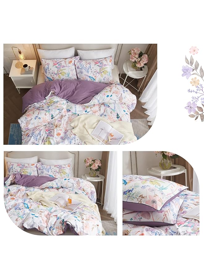 erorex Purple Floral Birds Duvet Cover Set Botanical Flower Plants Pattern Bedding Set In Lilac With Zipper Closure No Comforter 3Pcs Queen Size - Image 3