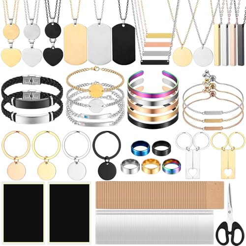 Quelay 99 Pcs Laser Engraving Materials Bulk Include 46 Jewelry Making Engraving Accessories Kit Necklace Bracelet Ring Keychain with Laser Marking Paper for Laser Engraver DIY Crafting Supplies - Image 1