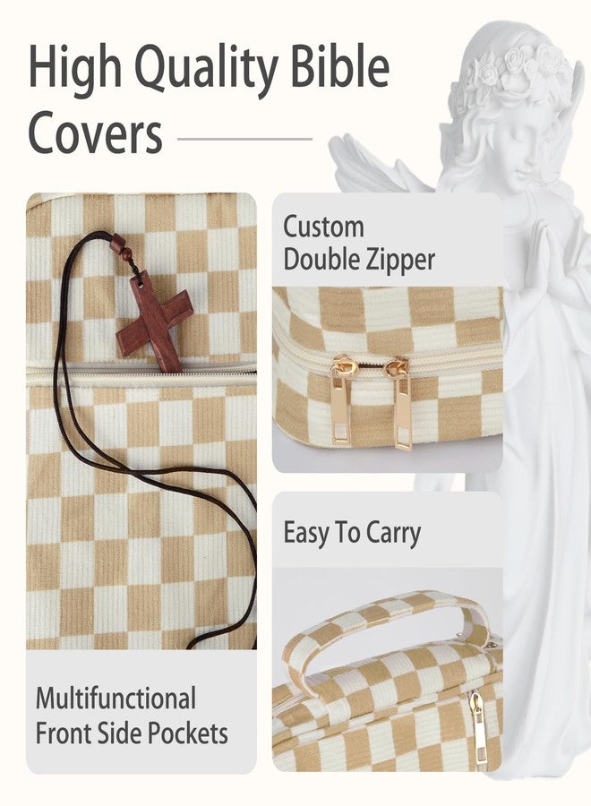 YKFLY Bible Cover Case for Women Corduroy Bible Case for Girls Checkered Large Bible Cover with Handle Bible Study Supplies Accessories Christian Gifts for Women (Khaki, Medium) - Image 2