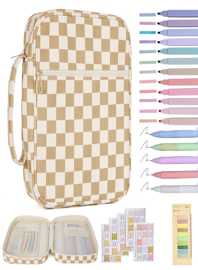 YKFLY Bible Cover Case for Women Corduroy Bible Case for Girls Checkered Large Bible Cover with Handle Bible Study Supplies Accessories Christian Gifts for Women (Khaki, Medium) - Image 1