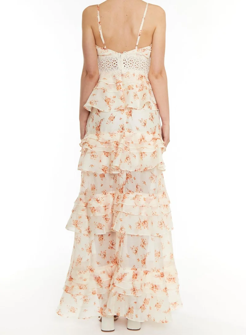 ترو ديكادينس Sophia Cream Orange Floral Plunge Front Tiered Ruffle Maxi-Dress