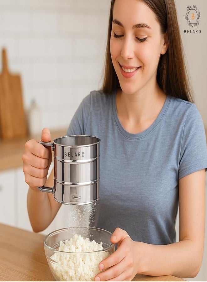 BELARO Flour Sifter/Atta chhani Hand Press Design Stainless Steel Flour Sifter Corrosion Resistant Large Capacity Flour Sieve Cup for Sugar Flour and Coffee Powder | Atta Chalni (Pack of 1) - Image 3