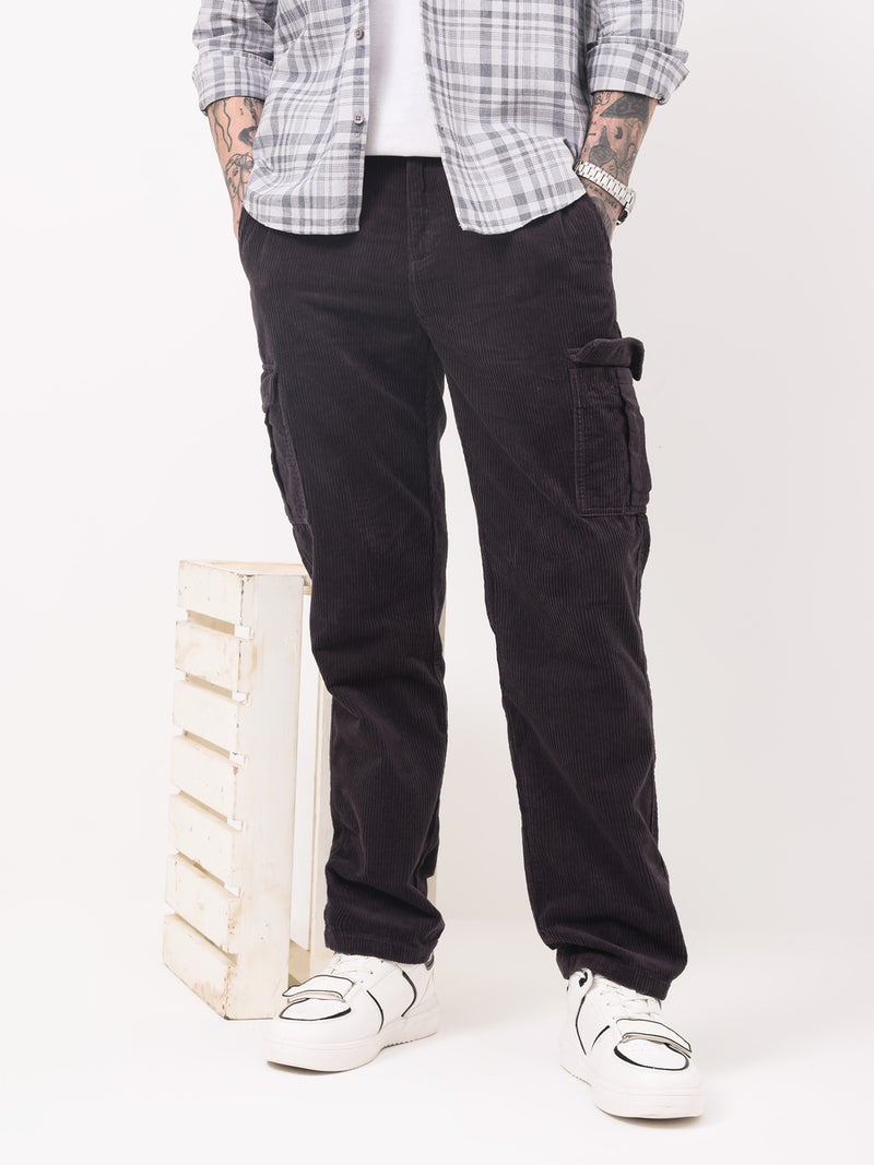 British Club Men Black Straight Fit Corduroy Cargo Trousers - Image 3