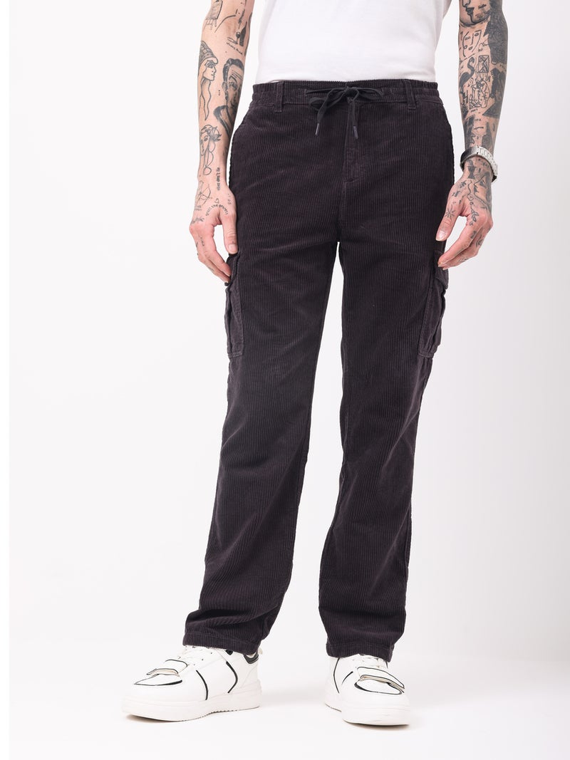 British Club Men Black Straight Fit Corduroy Cargo Trousers - Image 1