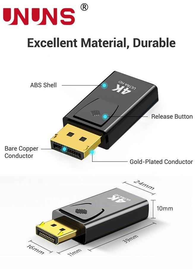 UNUNS - 4K Displayport To HDMI Adapter,Uni-Directional Display Port Dp To HDMI Adapter Male To Female,Gold Plated 4K 30Hz Display For HP HDTV Projector PC Desktop AMD GPU, 2 Pack - Image 1