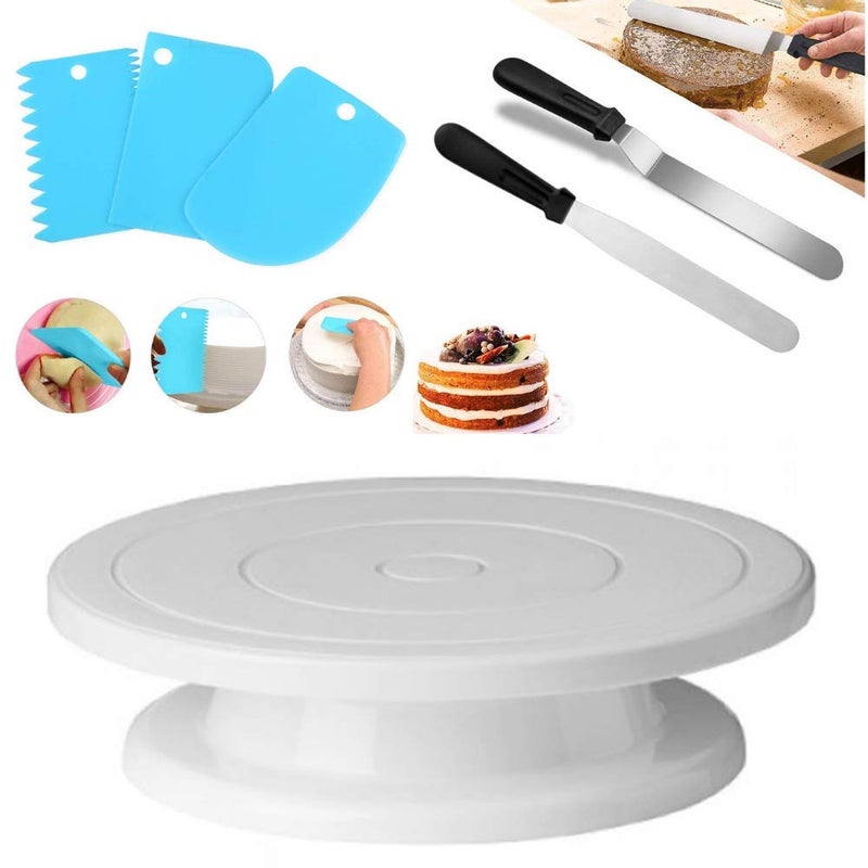 CONNECTWIDE 6Pcs Cake Decorating Kit 1Pc 11 Inch Rotating Cake Turntable with 2Pcs Icing Spatula and 3Pcs Icing Smoother, Revolving Cake Stand White Baking Cake Decorating Supplies  - Image 1
