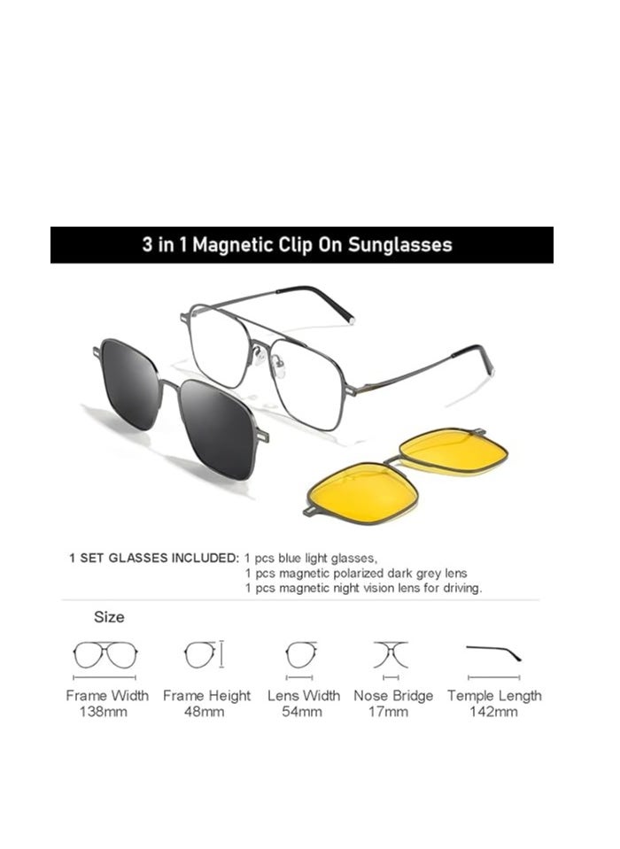 Captaintech Magnetic Clip on Polarized Sunglasses for Men and Women Retro Square Eyewear with UV Protection for Night Driving Set of Three  - Image 3