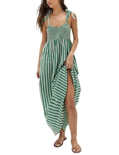 Lentta Women's Striped Smocked Maxi Dress Causal Spaghetti Strap Stretchy Flowy Swing Long Dress with Pockets(Green-XS) - Image 1
