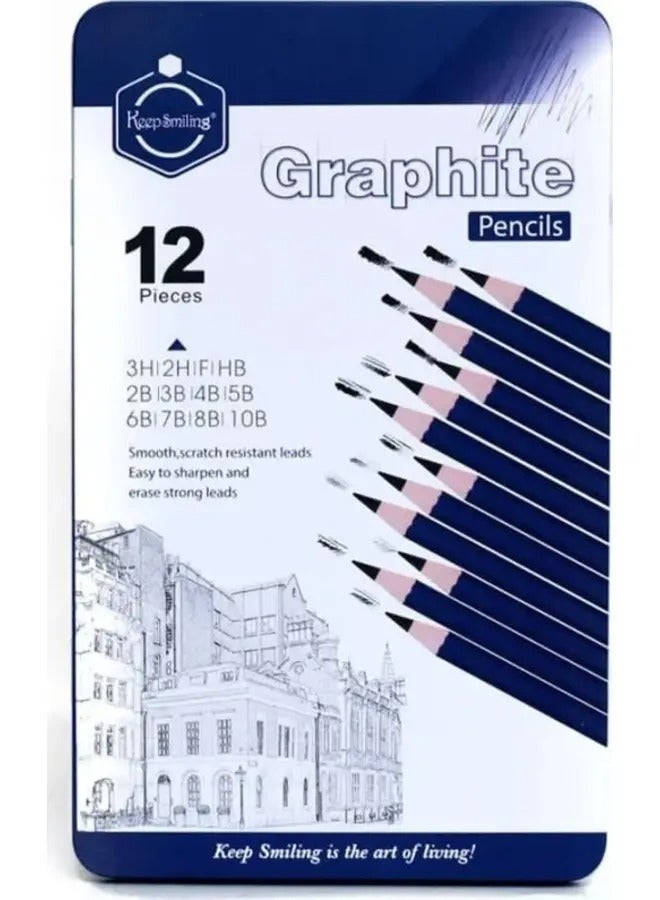 Keep Smiling Graphite Pencils Set with Metal Tin Storage Navy Blue 12 Pieces HA-6348 - Image 1