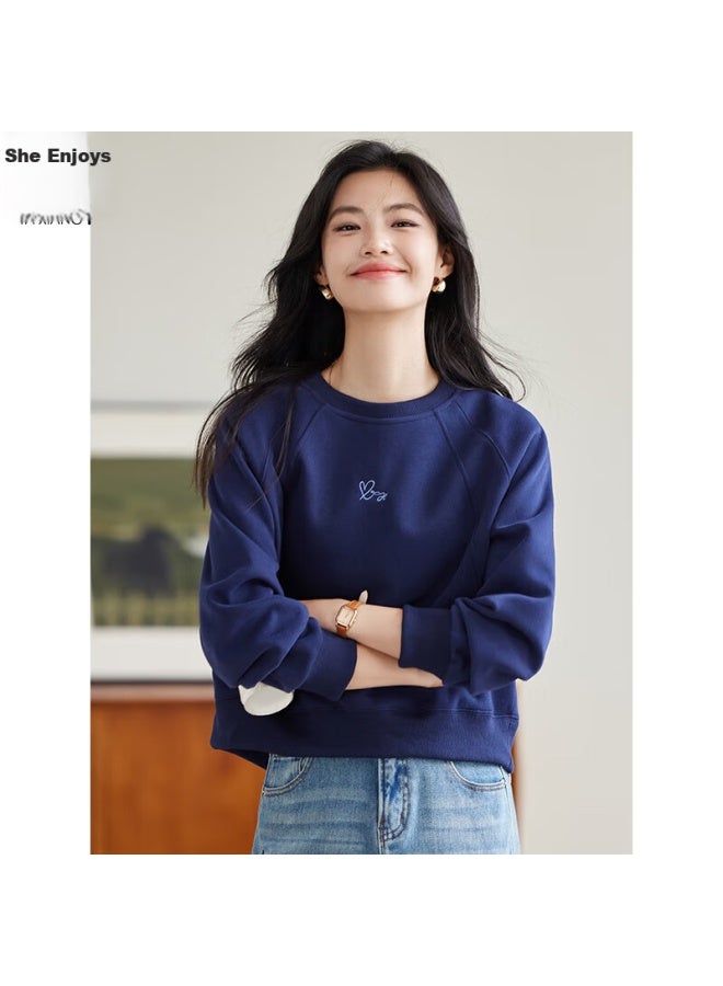 She enjoys She Xiang Round Neck Sweatshirt For Women, Spring And Autumn Raglan Sleeve Short Top, Letter And Heart Embroidery, Youthful Pullover T143w1005 - Image 1