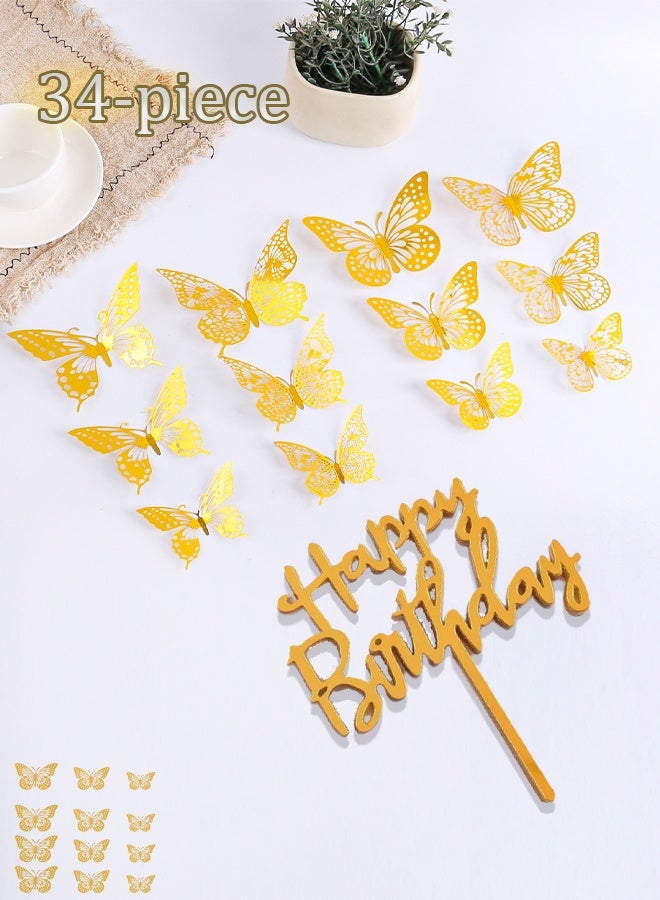 34-piece birthday cake decorating set, including a multi-purpose 3D gold butterfly decorating set - 24 pieces, including 3 different sizes (suitable for cakes, parties, etc.) and ten gold happy birthday cake decorating pieces, shiny mirror acrylic cake decorating, perfect for birthdays, anniversaries or milestone celebrations. - Image 1