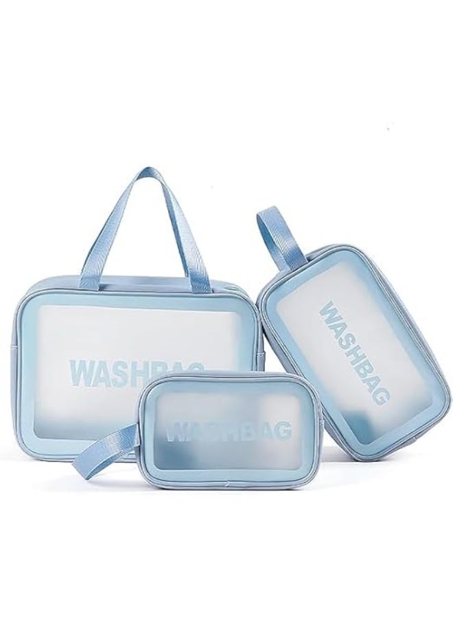 حقائب أدوات تجميل شفافة، حقائب غسيل للسفر مقاومة للماء مزودة بسحاب، مجموعة من 3 قطع بأحجام مختلفة (أزرق، 3 قطع) - Image 3